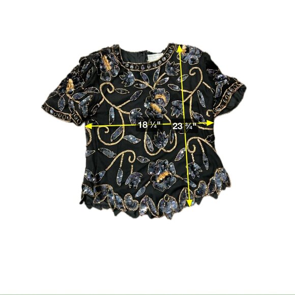 Sequin Beaded Large Papell Boutique Evening Black Floral Top Event Holiday Glam - Picture 7 of 9